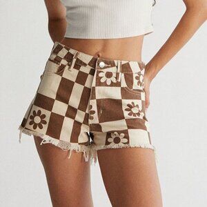 PacSun Eco Flower Checkerboard High Waisted Denim Festival Shorts Fringe Hem, 26